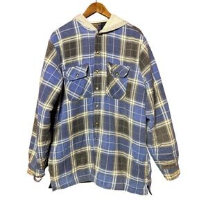 Woodland Men XL Flannel Hoodie Blue Plaid Lined Shirt Jacket‎ Thrashed Gorpcore
